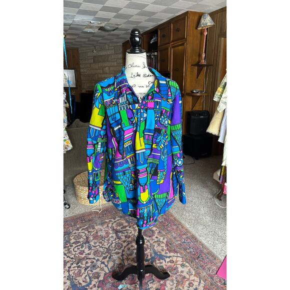 Vintage 70s vibrant bold novelty buildings print blouse - Picture 1 of 7